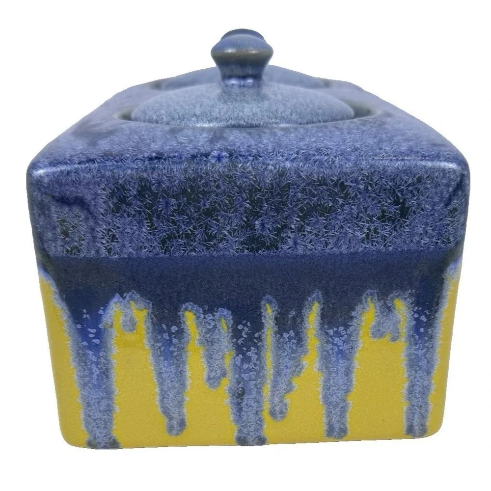 Ceramic Vanity Organizer Sink Caddy Lidded Jars Blue Drip Glaze on Yellow